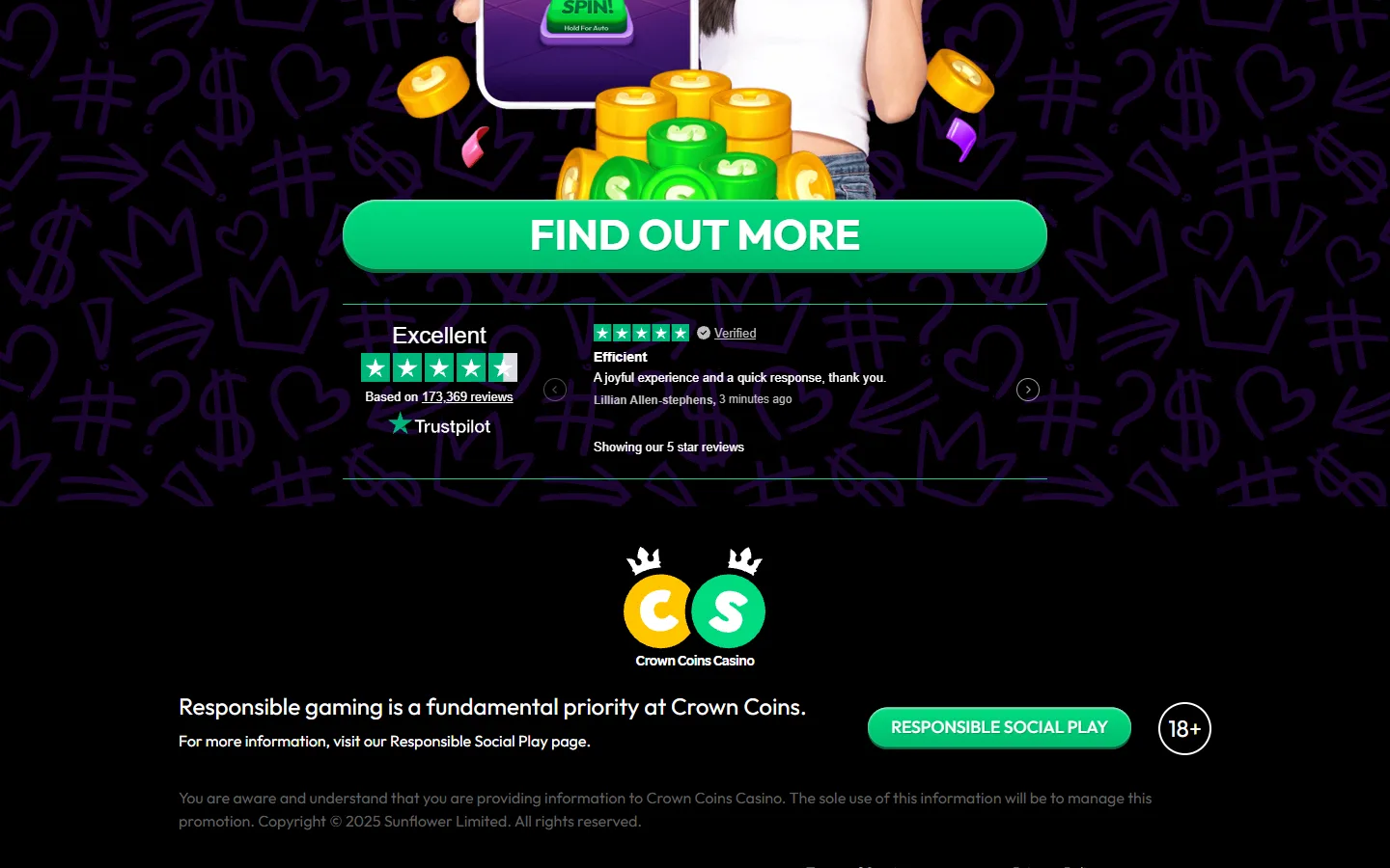 CrownCoins Casino promotions page showing welcome bonus and ongoing offers