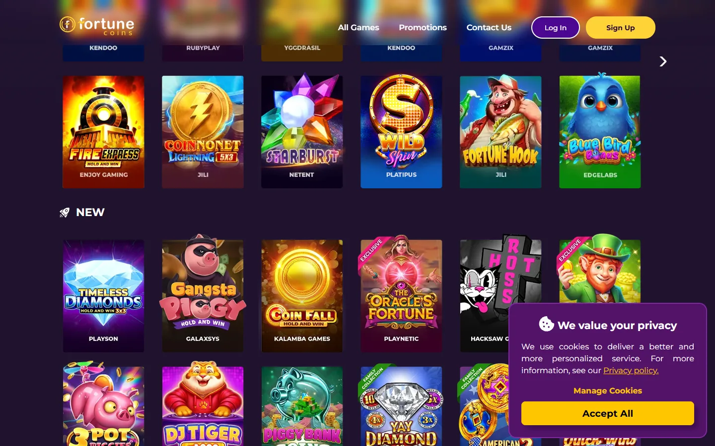 Fortune Coins game selection showing various categories and providers