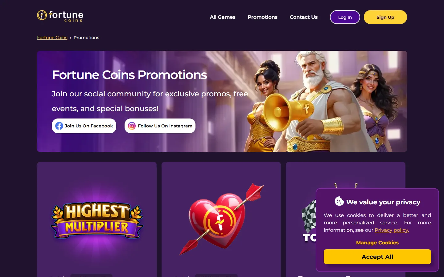 Fortune Coins promotions page showing welcome bonus and daily offers