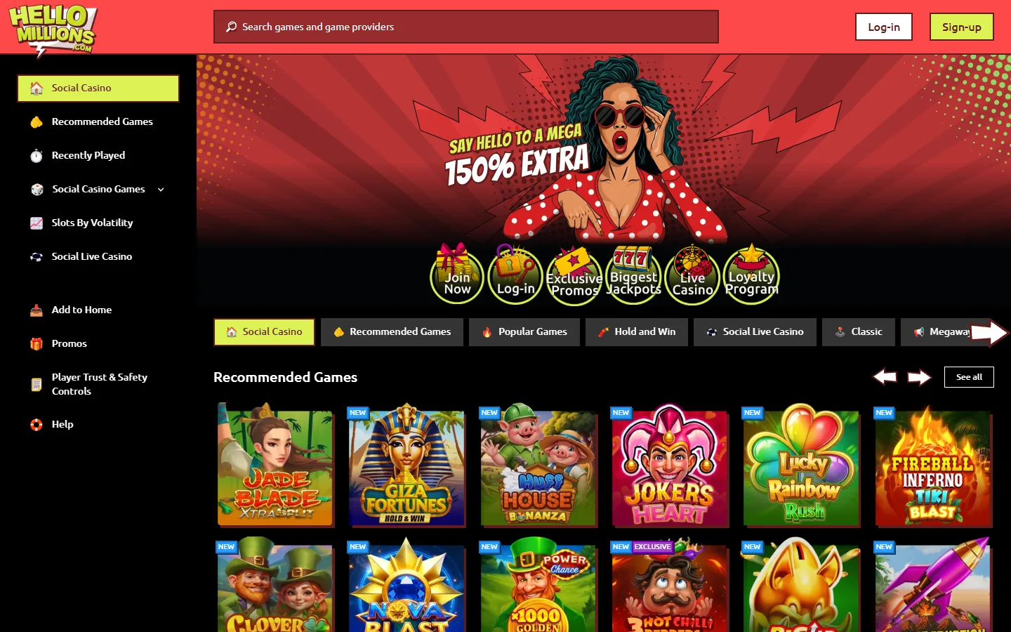 Hello Millions live casino section with Lightning Roulette and table games