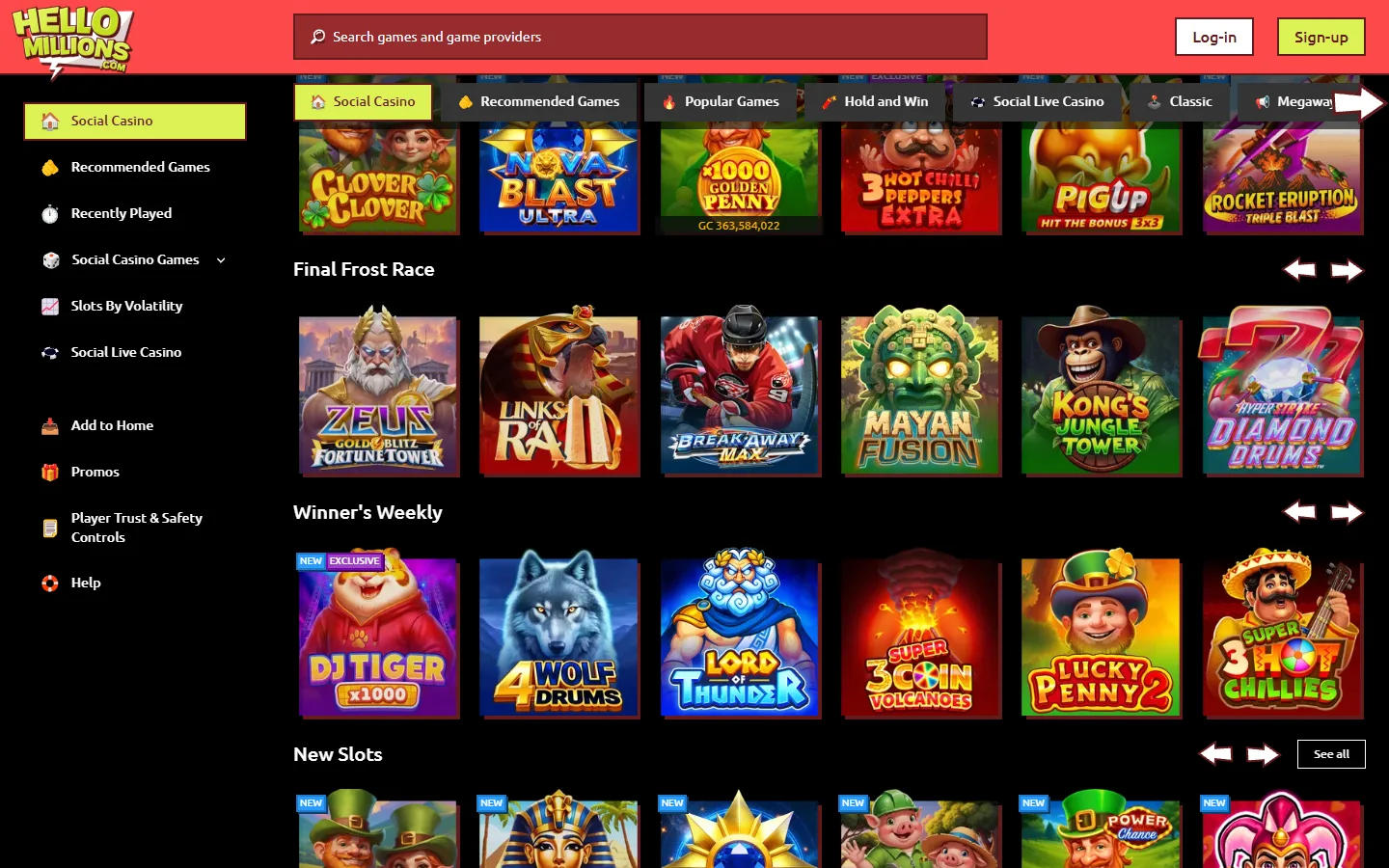 Hello Millions game selection showing slots and categories