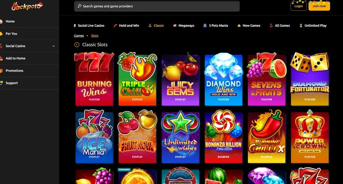Jackpota game selection showing slots and live dealer options