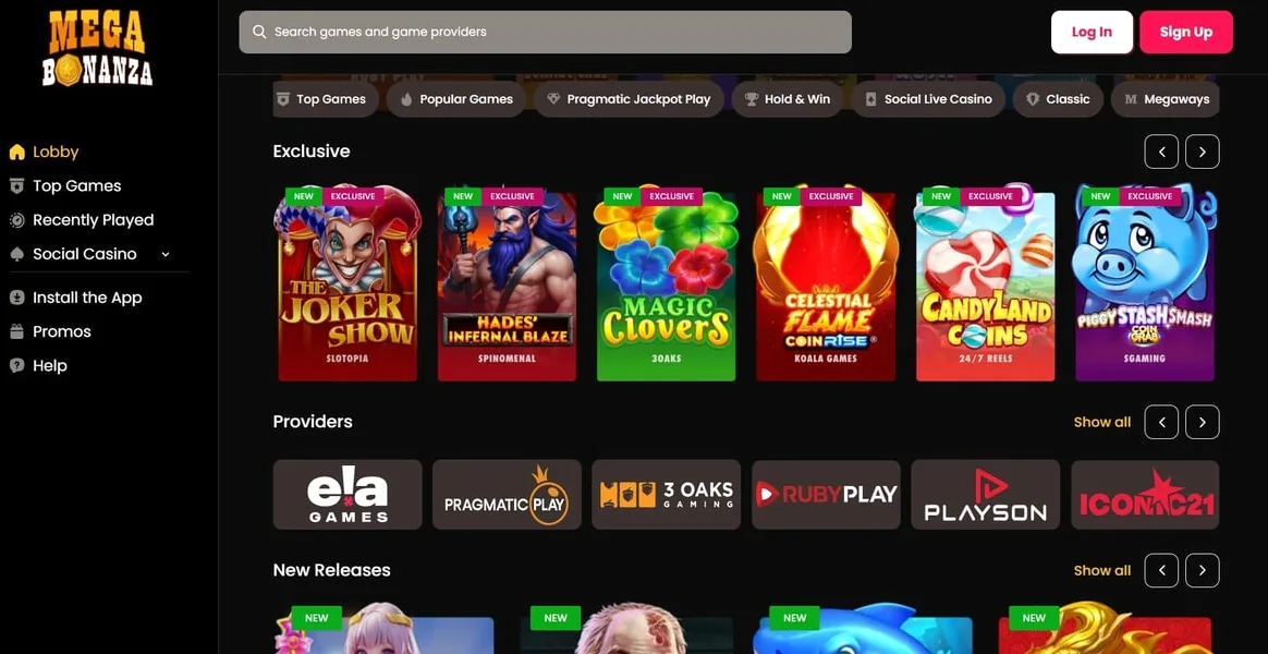 MegaBonanza homepage showing the casino lobby with game categories