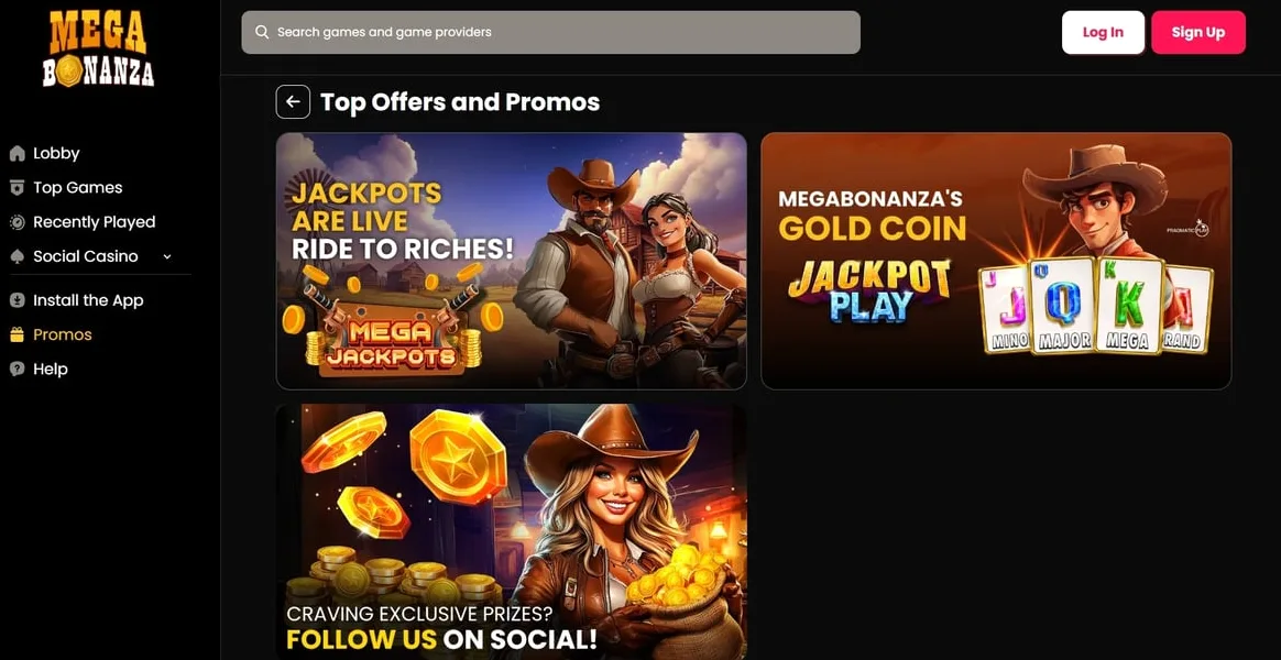 MegaBonanza promotions page with daily bonuses and welcome offer