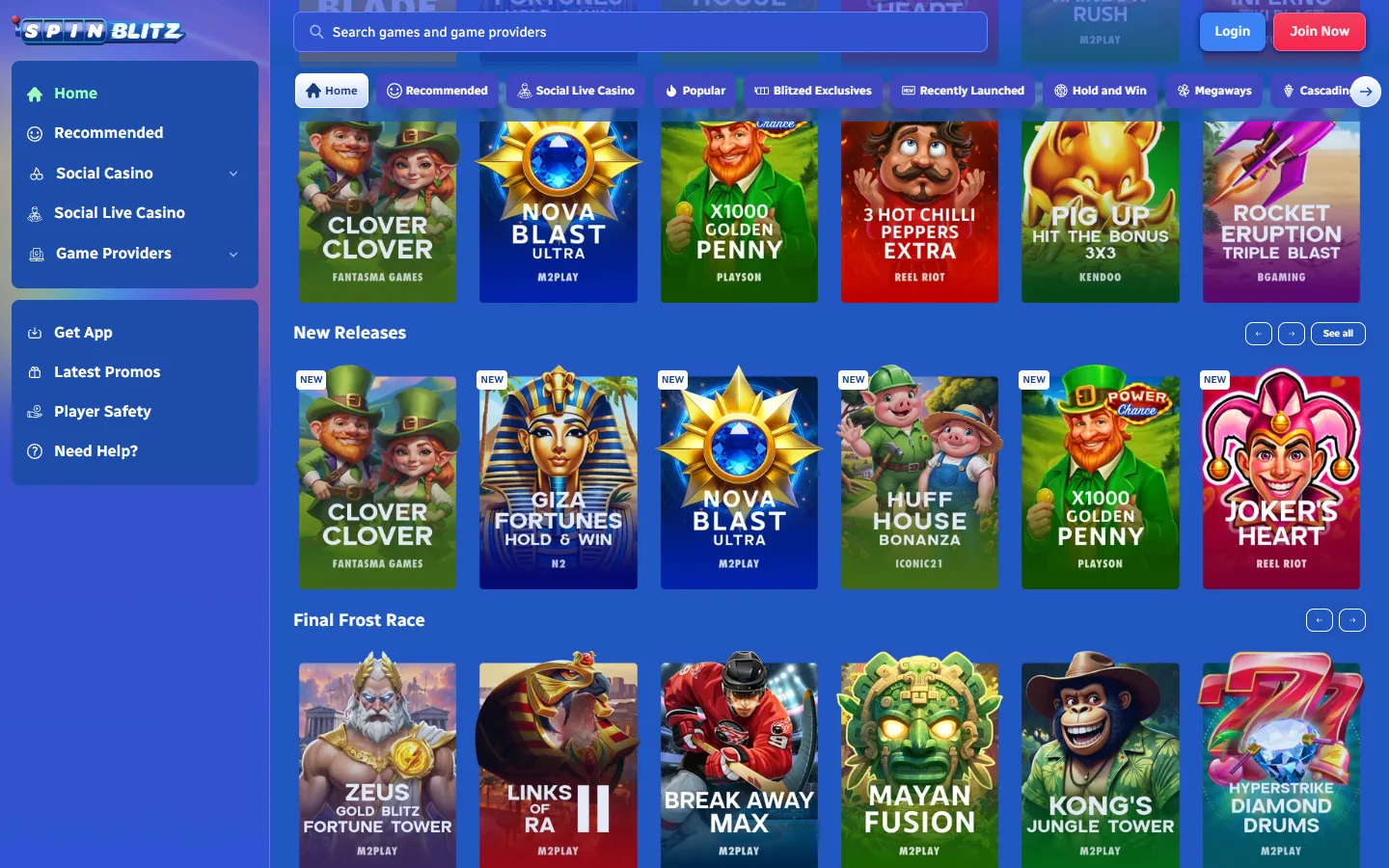 SpinBlitz game selection with slot categories and provider filters