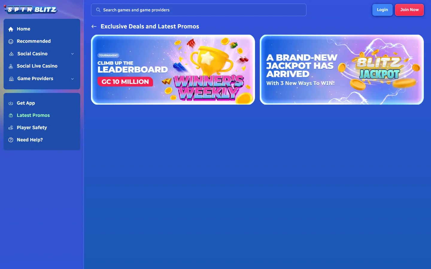 SpinBlitz promotions page with welcome bonus and ongoing offers