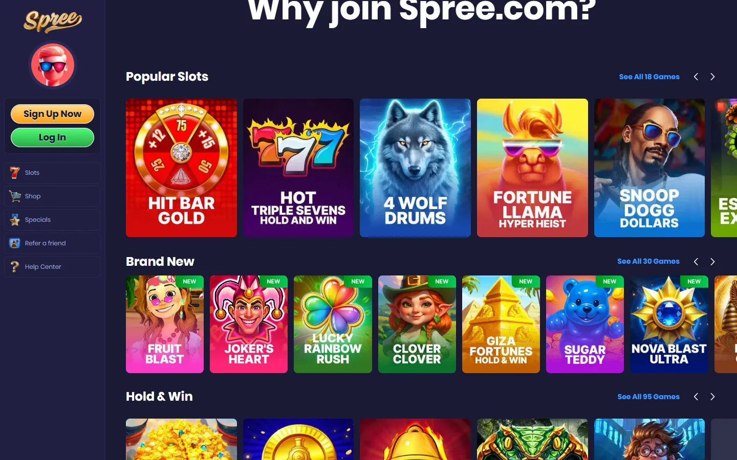 Spree game selection showing the extensive library from 33+ game providers