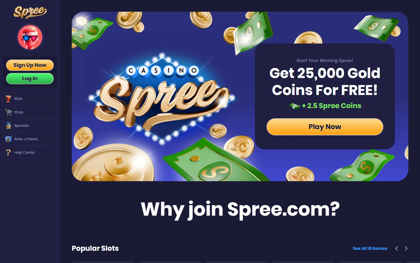 Spree casino homepage showing the main lobby with featured games and welcome offer