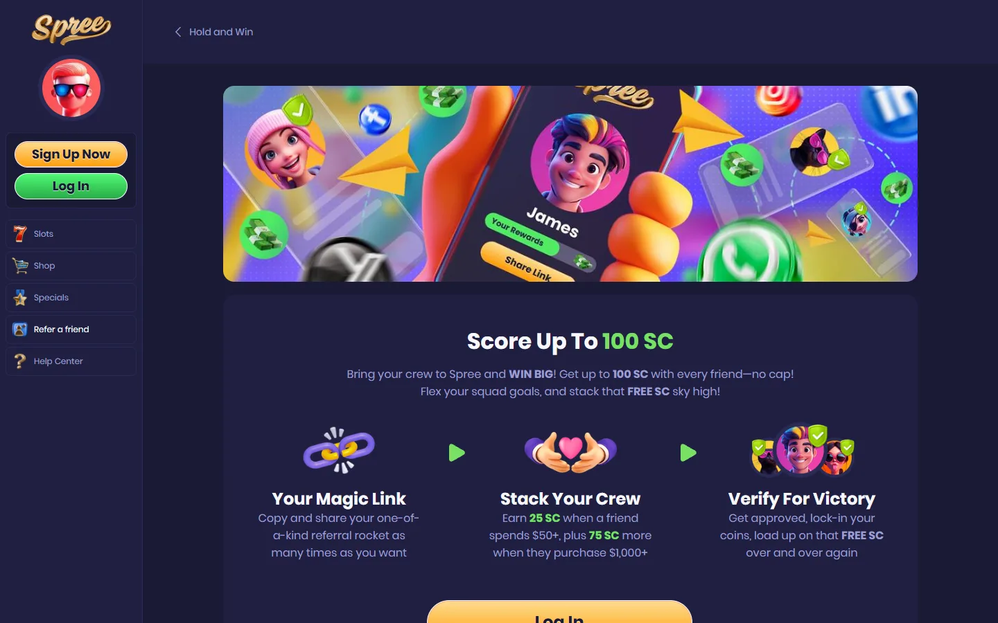 Spree promotions page showing welcome bonus and promotional offers