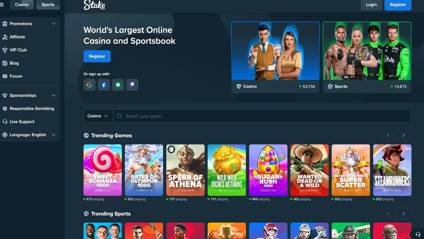 Stake.us casino lobby showing the homepage with featured games and navigation