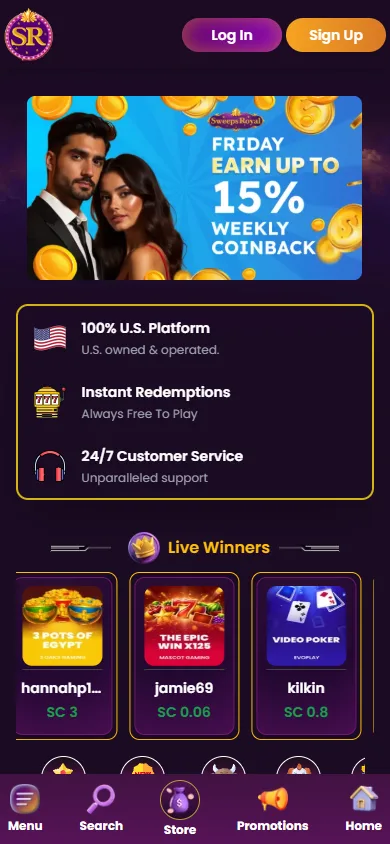 Sweeps Royal mobile experience on a smartphone