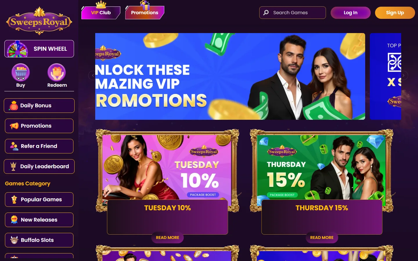 Sweeps Royal promotions page showing the welcome bonus structure